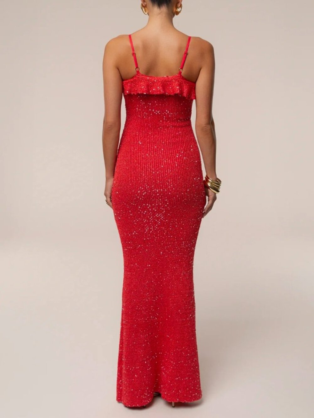 JLUXLABEL Red Beaded Ruffle V-Neck Maxi Dress - Picture 4 of 10